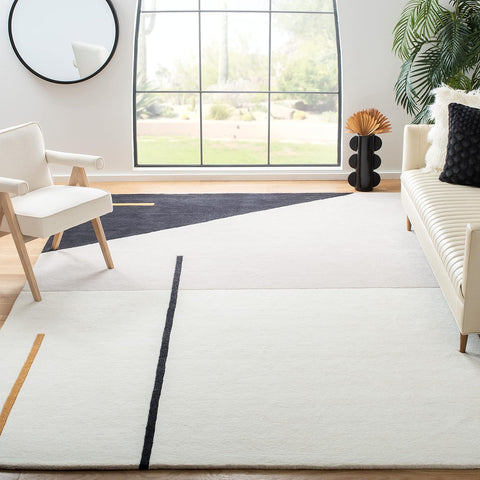 Fifth Avenue 10' x 14' Ivory/Black Handmade Mid-Century Modern Abstract New Zealand Wool Dining Area Rug