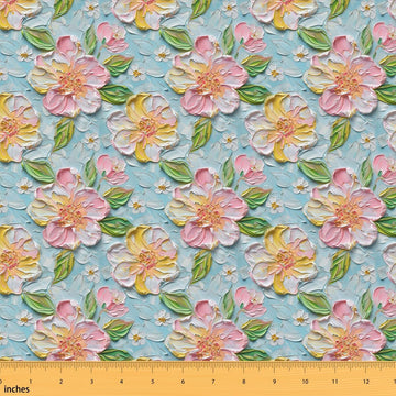 3D Floral Upholstery Fabric for Chairs - Pink Flowers Oil Painting Fabric by The Yard 362"x63", Watercolor Ombre