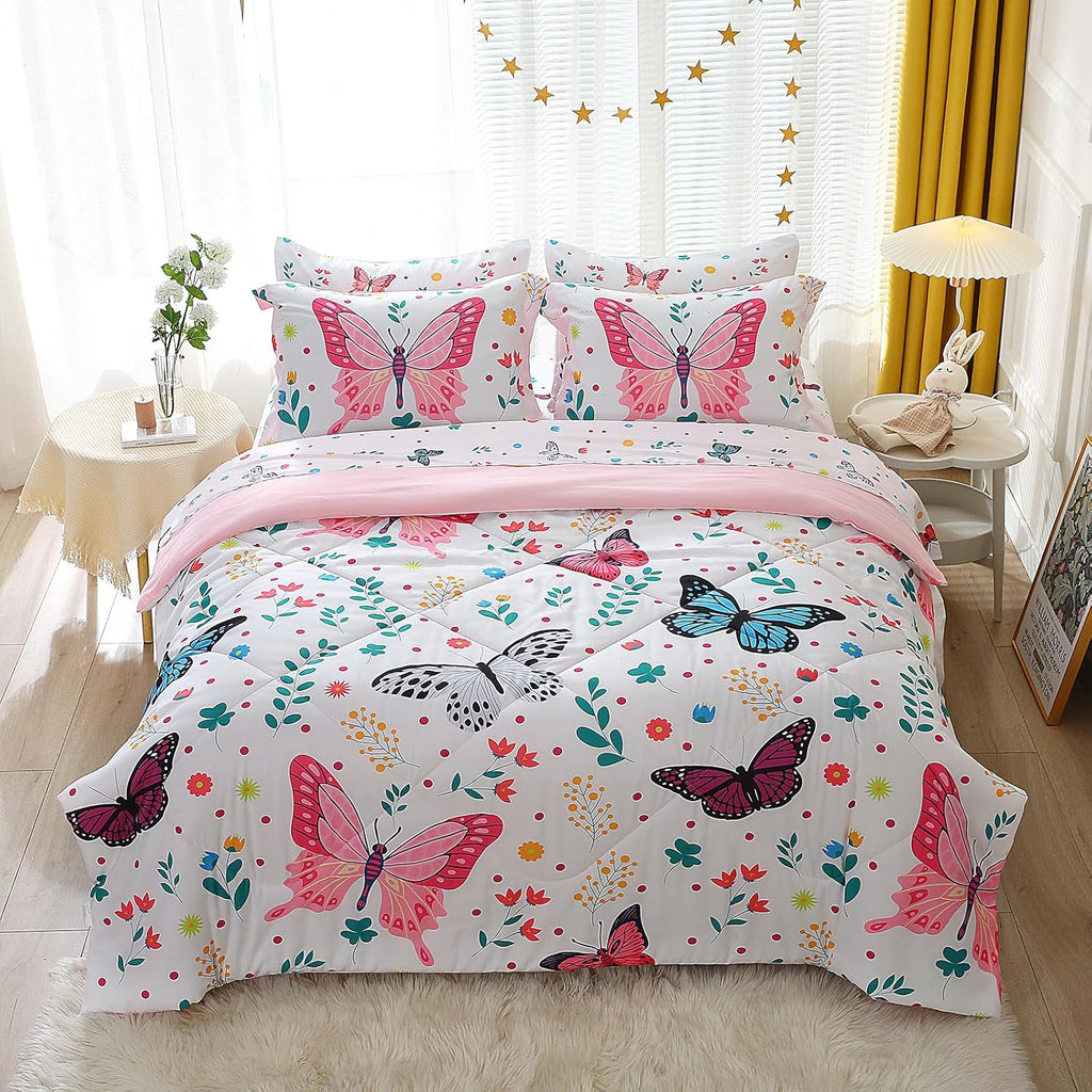 Girls Butterfly Comforter Set Full 7 Piece Bed in A Bag Colorful Flowers Leaves Bedding Set for Kids Teens Super Soft