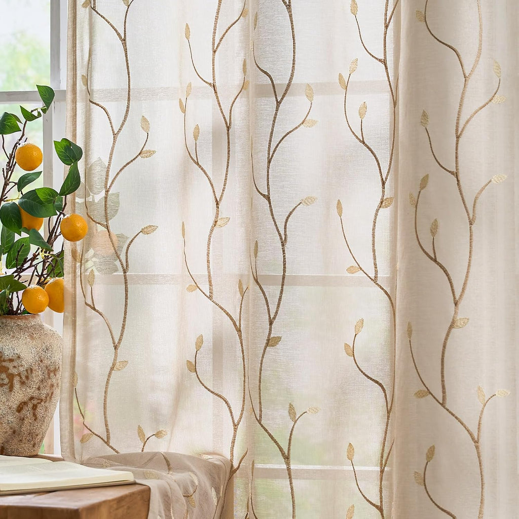 Sheer Curtains for Bedroom 96 Inch Length Leaf Embroidered Semi Sheers for Living Room Botanical Embroidery Voile