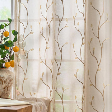Sheer Curtains for Bedroom 96 Inch Length Leaf Embroidered Semi Sheers for Living Room Botanical Embroidery Voile