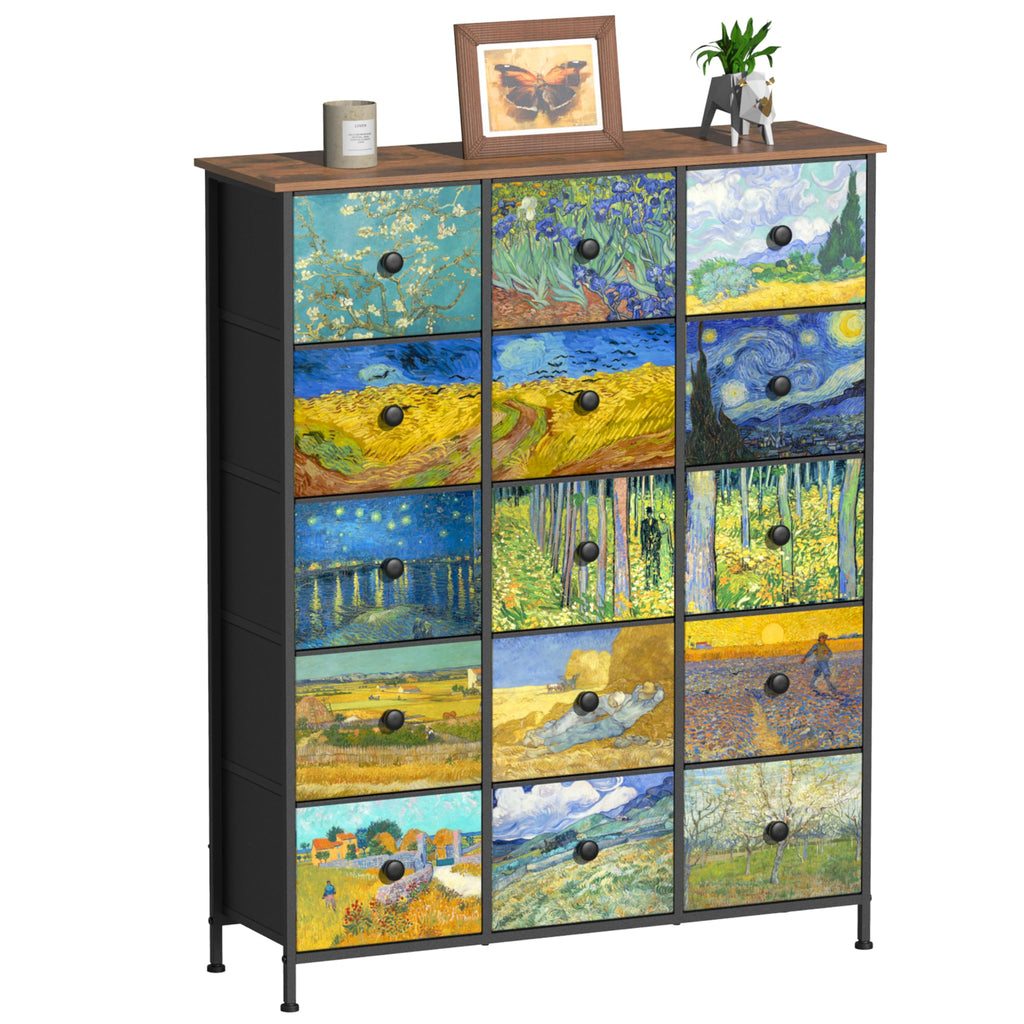 Large Chest of Drawers 15 Drawer Dresser Van Gogh Tall Fabric Dresser Living Room Entryway Closet with Sturdy Metal