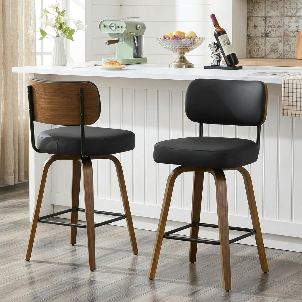 Swivel Bar Stools Set of 3, 26" Upholstered Counter Height Bar Stools with Back and Walnut Wood Legs, Faux Leather
