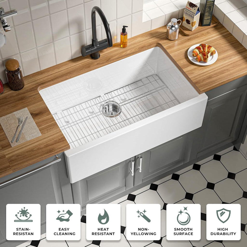 Self Trimming Farmhouse Sink 33 Inch, White Fireclay Kitchen Sink | Tall Apron Front 33"Wx20"Dx10"H , Heavy Duty,Farm