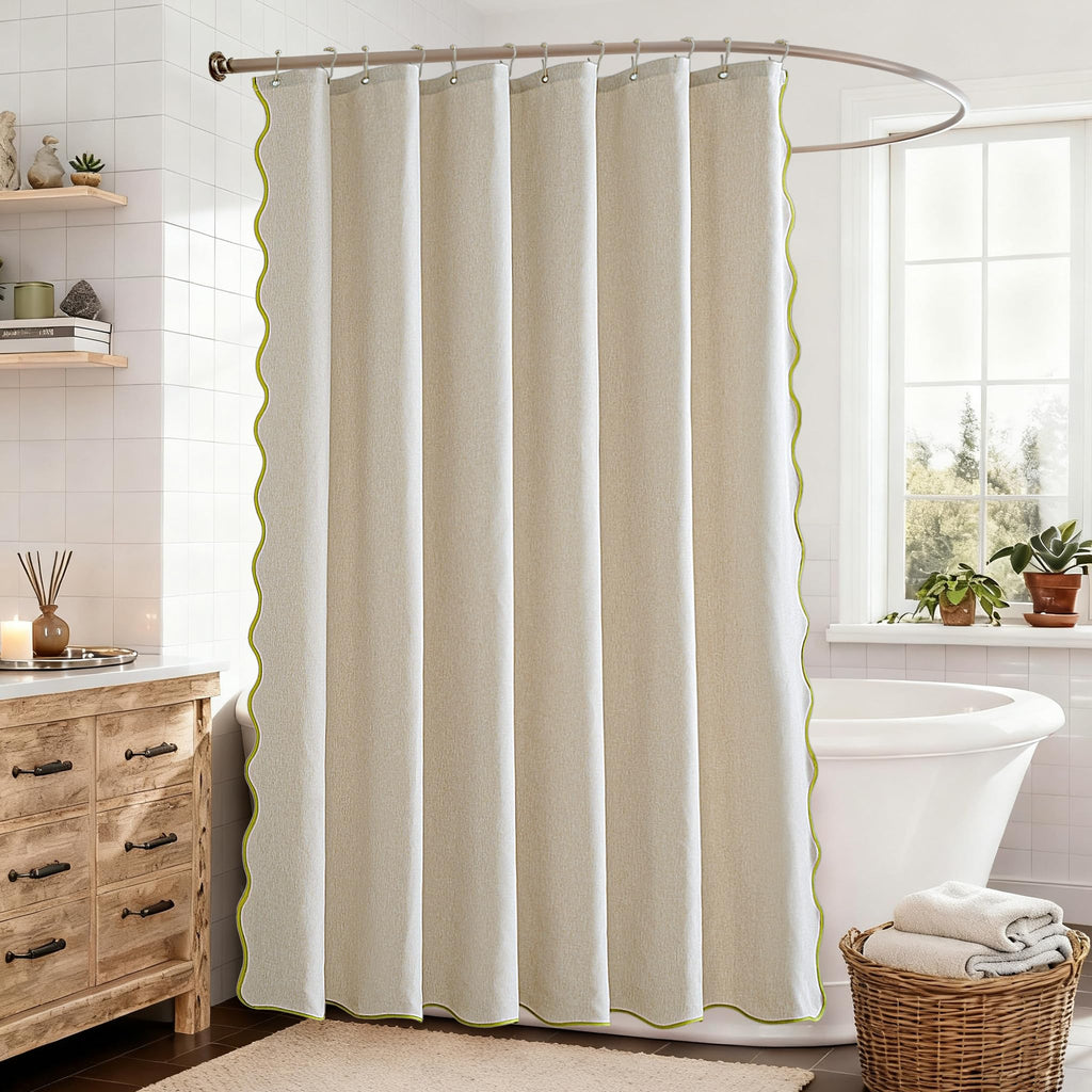 Grass Green Scalloped Extra Long Linen Textured, W72xL84