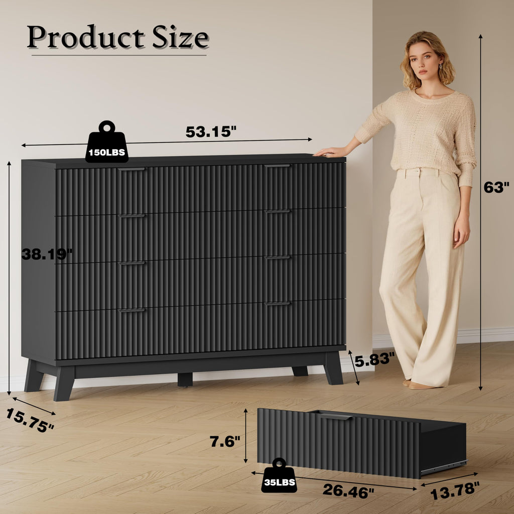 53" Wide, 8-Drawer Fluted Chest of Drawers, Modern Wood Highboy with Metal Slides and Handles, Anti-Tip Kit