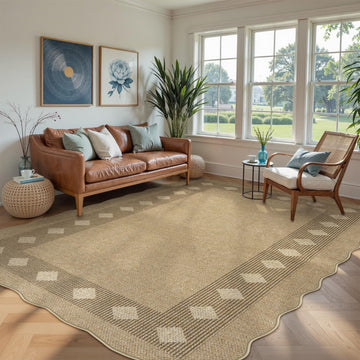 Scalloped Easy Jute Diamond Outdoor Rug Living Room, Washable 8x10 Farmhouse Tan Rug, Geometric Checkered Indoor