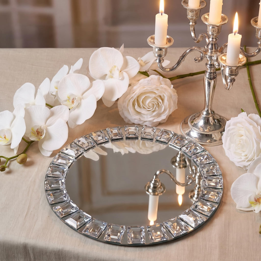 Silver Glass Charger Plates, Set of 4-13 Inch Round Mirror Chargers with Glass Mosaic Rim for Wedding Party Table