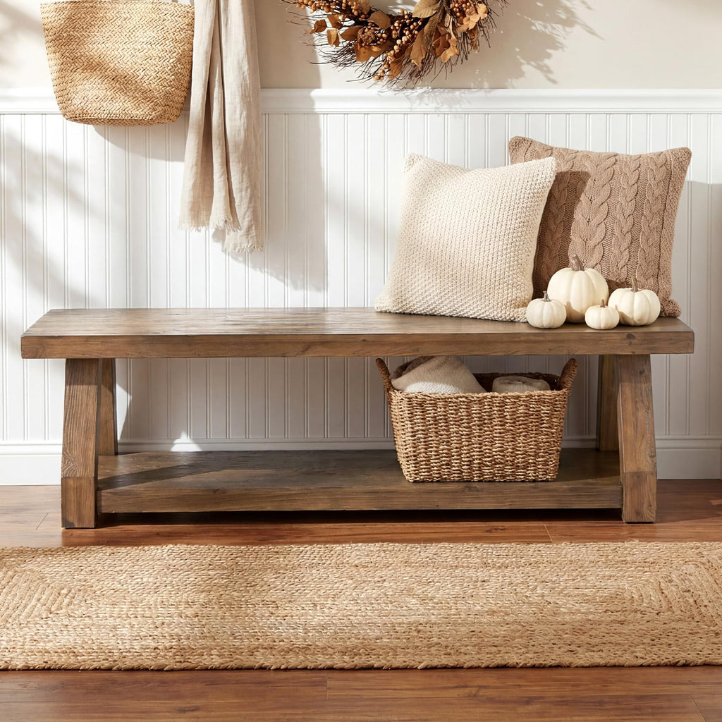 63" Solid Wood Bench, 2-Tier Entryway Bench with Shoe Storage, Rustic Hallway Accent Benches, Mudroom, Easy