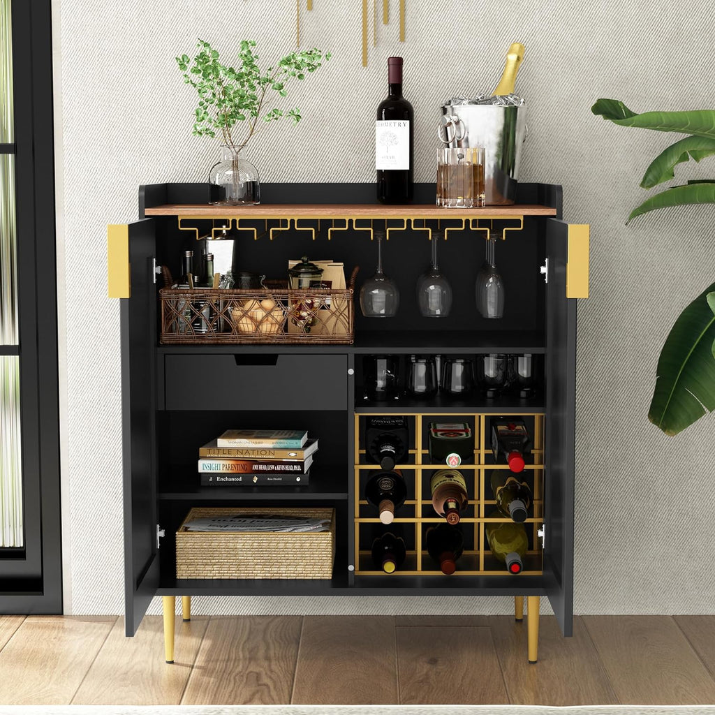Modern Coffee Bar Cabinet with Fluted Texture, Black | Sideboard Buffet Cabinet with Wine Rack&Drawers, Liquor