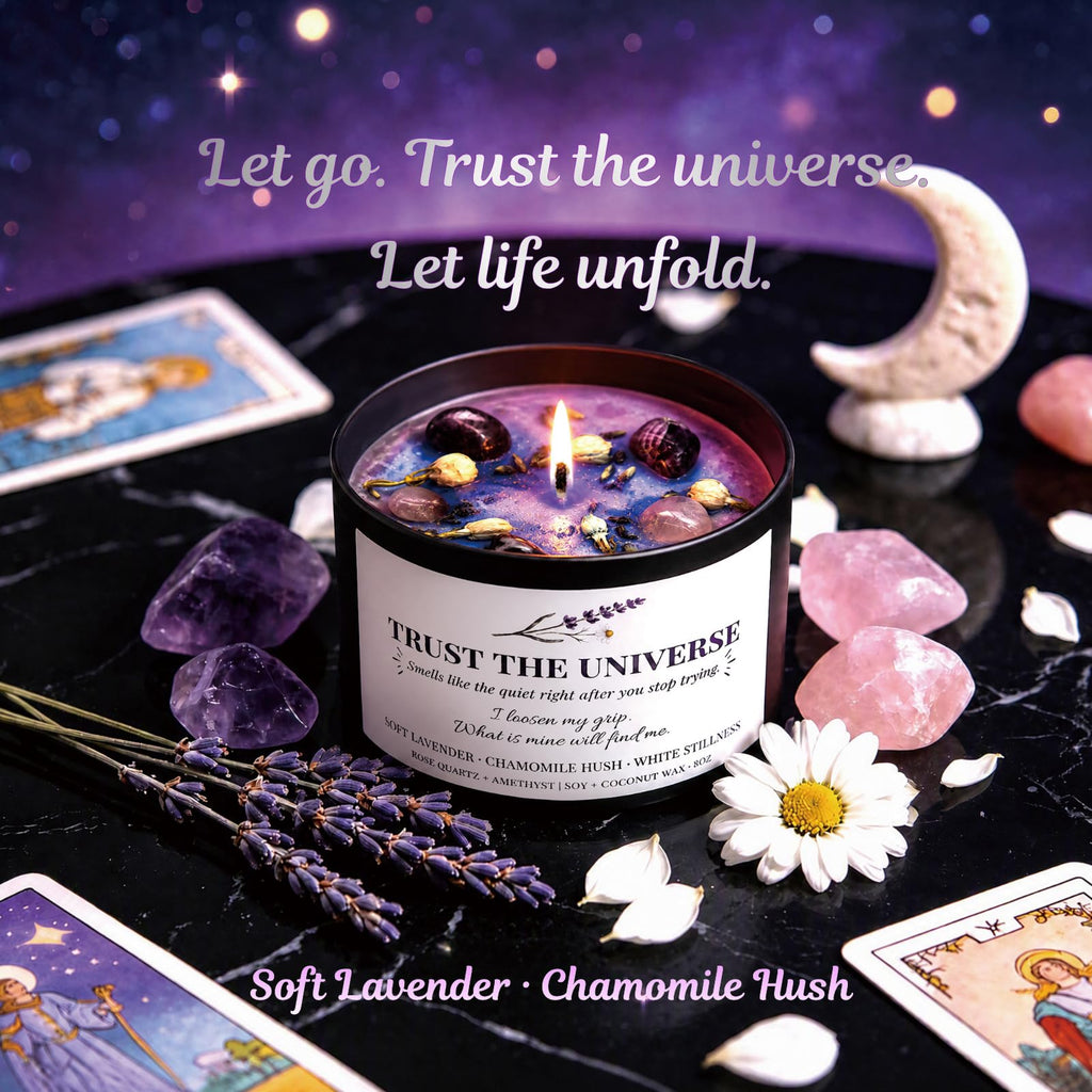 Trust the Universe Crystal Candle for Serenity, 8OZ Amethyst Energy Healing Candles, Protection Support Chakra