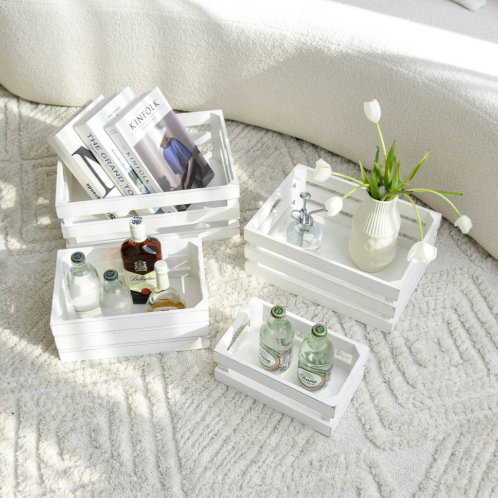 Set of 4 Large Wooden Crates Decorative, Whitewashed Nesting Wooden Crates for Display Rustic, Farmhouse Wooden