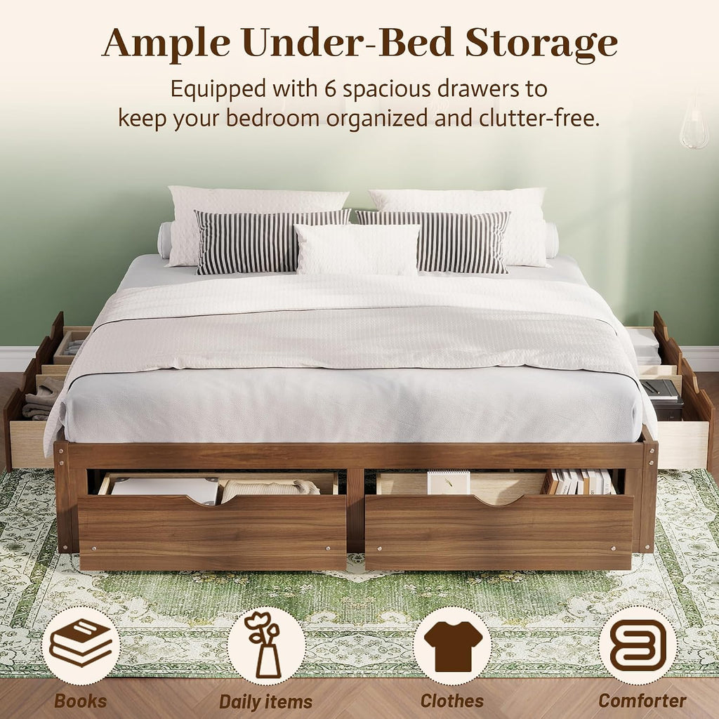 Japanese King Wood Bed Frame with 6 Storage Drawers