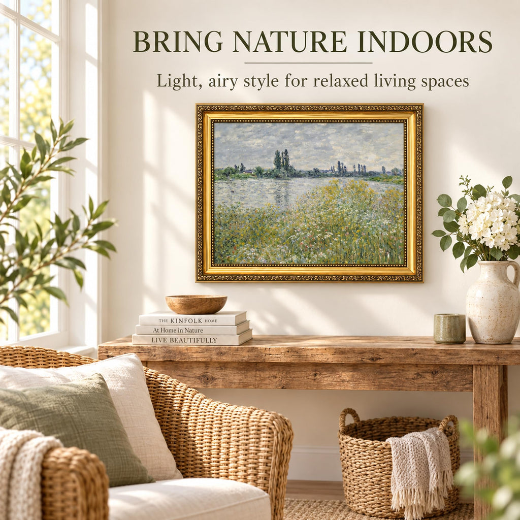 Gold Framed Vintage Canvas Wall Art, Monet Style Impressionist River Landscape Print, Canvas Print, Bedroom Bathroom