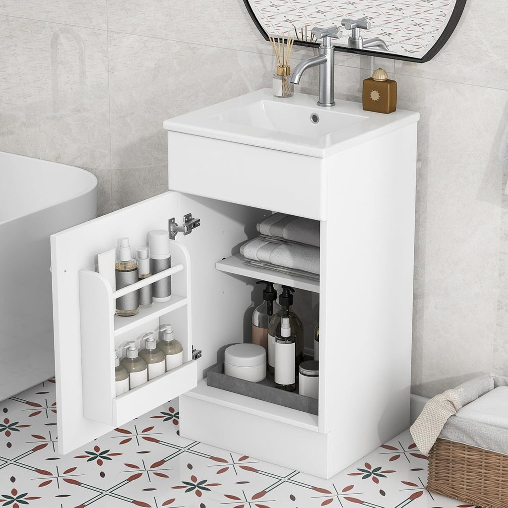 18-Inch Bathroom Vanity with Sink Combo – Freestanding Single Storage Cabinet with Adjustable Shelf and Storage Rack, Wooden Vanity with Ceramic Basin, White