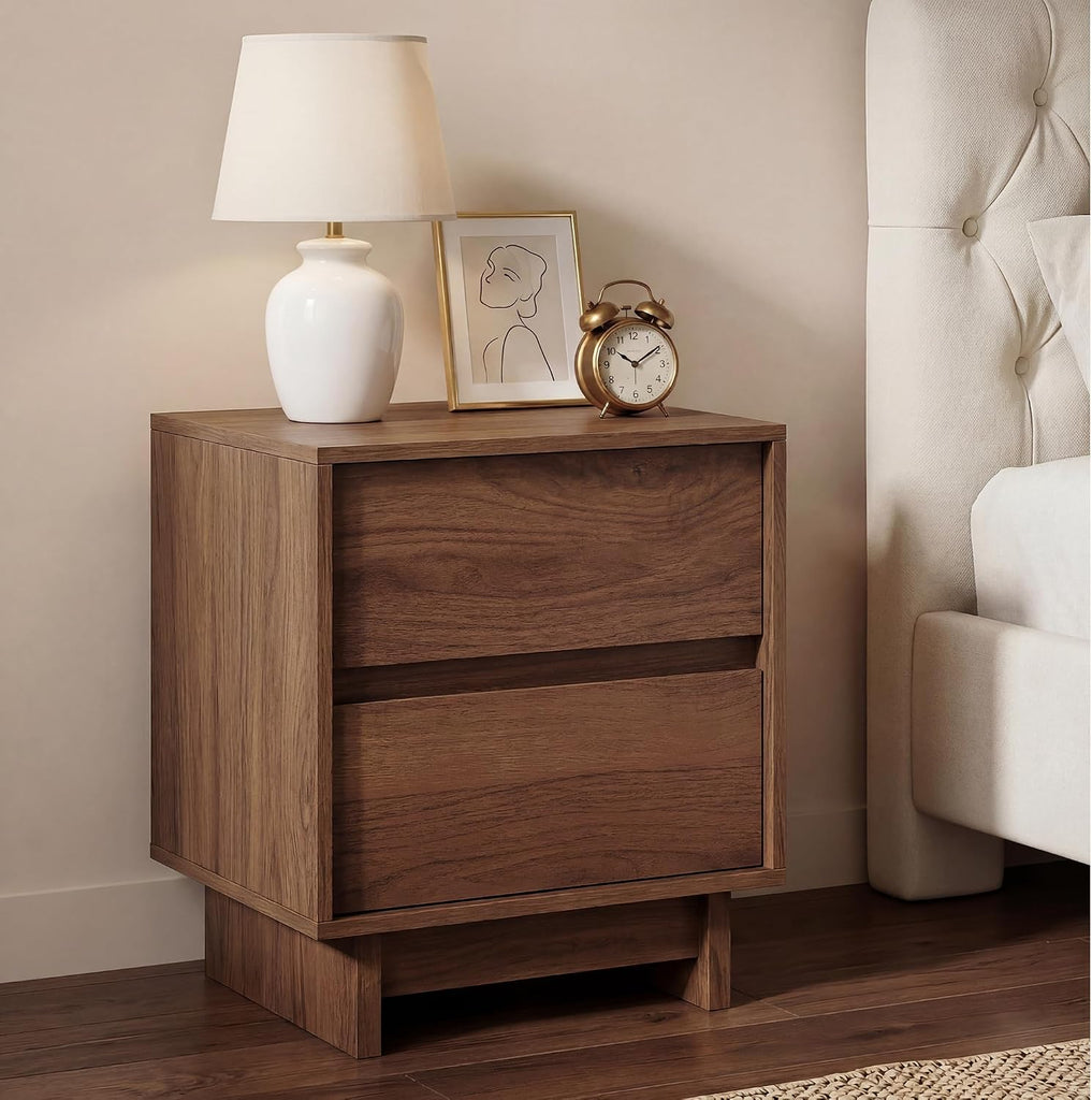 2 Pcs Walnut Nightstand Set for Bedroom, 2 Drawer Bedside End Table