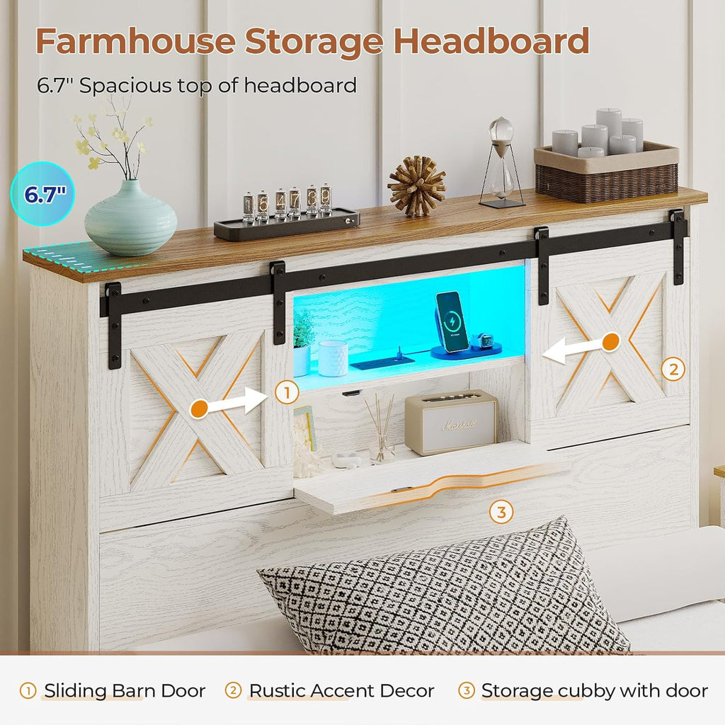 Farmhouse Bed Frame Twin with 2 Storage Drawers, Wooden Platform Twin Bed with LED Lights and Charging Station
