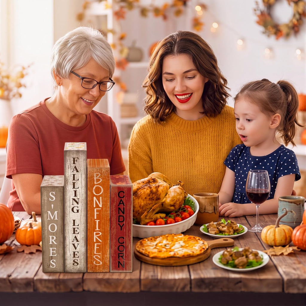 Fall Table Decoration Wooden Book Sign,Maple Leaves - Set of 4
