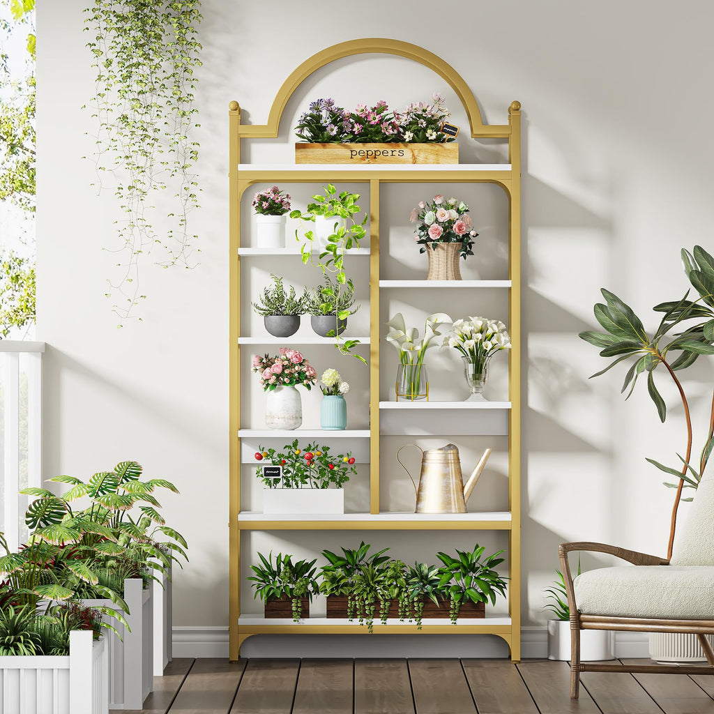 8-Tier Gold Arched Bookshelf, White, Set of 2