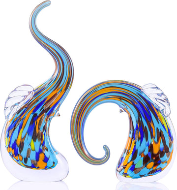 Hand Blown Elephant Statues Set - Luxury Sculptures Home Decor Art Glass Ornament Animal Collectible (Green) - Set of 2