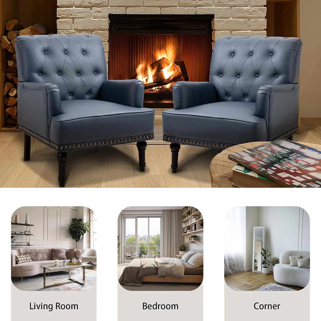 PU Leather Accent Chair, Mid-Century Armchair Living Room Sofa Chair with Rubber Wood Leg, Club Chair with Rivet Trim