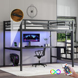 Full Metal Loft Bed with Desk and LED Lights,Heavy Duty Loft Bed Frame with Charging Station and USB for