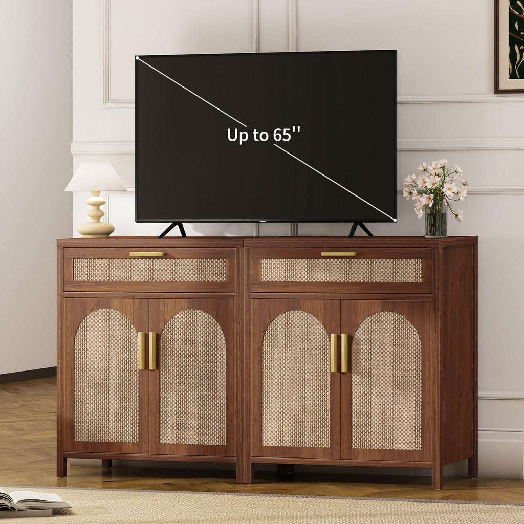 Rattan Buffet Cabinet with Storage, Sideboard with Drawers, Doors and Shelves, Accent Cabinet, Farmhouse Coffee Bar