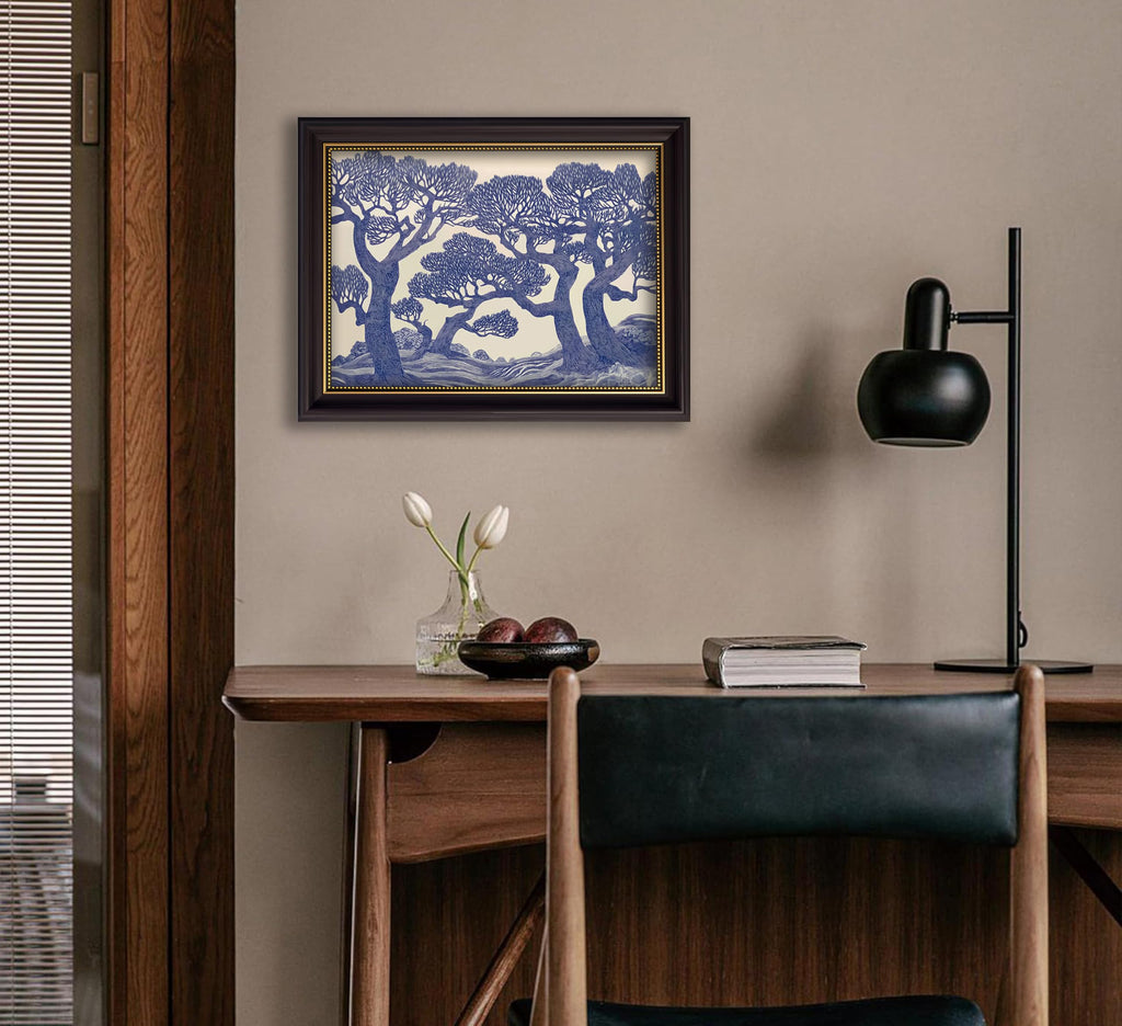Vintage Gold Framed Wall Art Oak Tree Forest Painting Canvas Prints Blue Woodland Nature Landscape Picture Moody