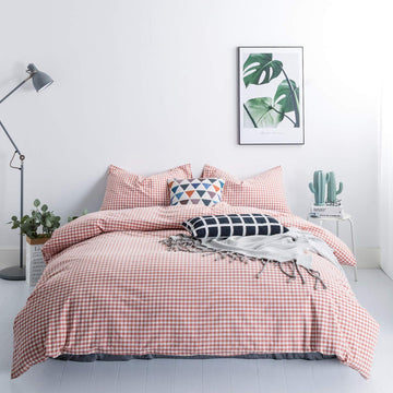 Coral Gingham Duvet Cover 100% Washed Cotton 3 Pieces Set