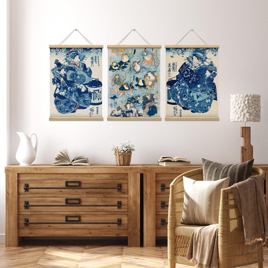 3 Panel Wooden Framed Hanging Poster Classic Japanese Ukiyo-e Traditional Edo Period Wall Picture Poster Artwork