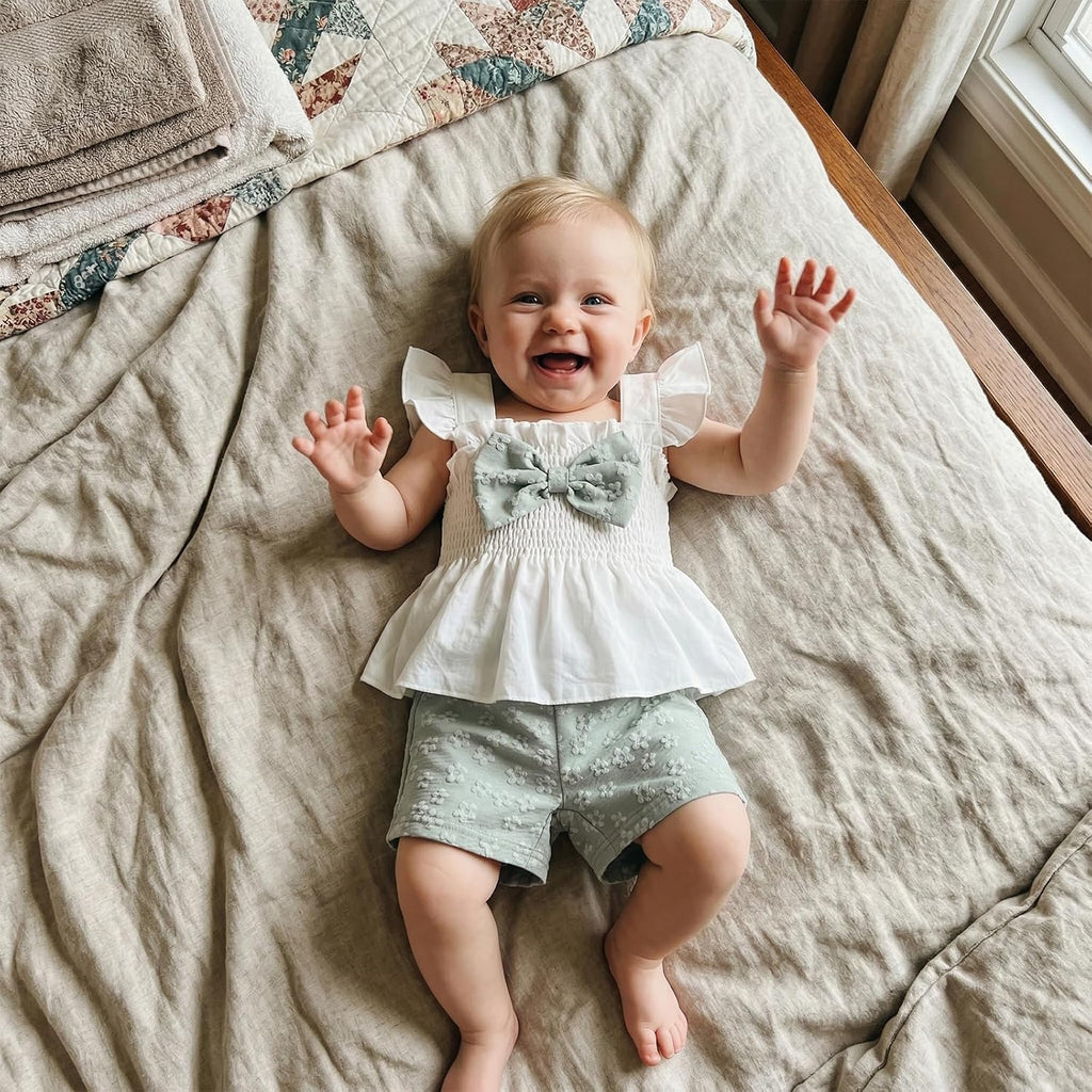 Toddler Girl Summer Outfit Baby Girl Smocked Ruffle Sleeveless Shirt Top and Shorts Set 2 Piece Outfits