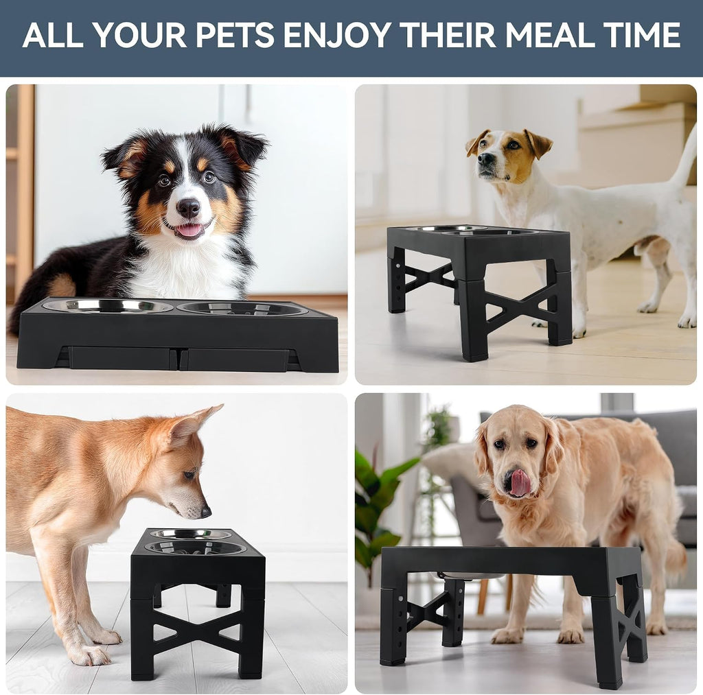 Elevated Dog Bowls, Raised Dog Bowl with Slow Feeder Bowl & Stainless Steel Bowls, 5 Heights Adjustable Dog Feeding