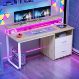 Computer Desk with Drawers, 47.2" Office Desk with Power Outlets & LED Light, Home Office Desk with Storage Shelves