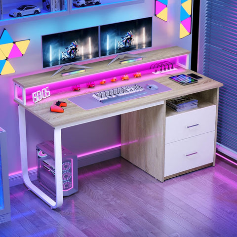 Computer Desk with Drawers, 47.2" Office Desk with Power Outlets & LED Light, Home Office Desk with Storage Shelves