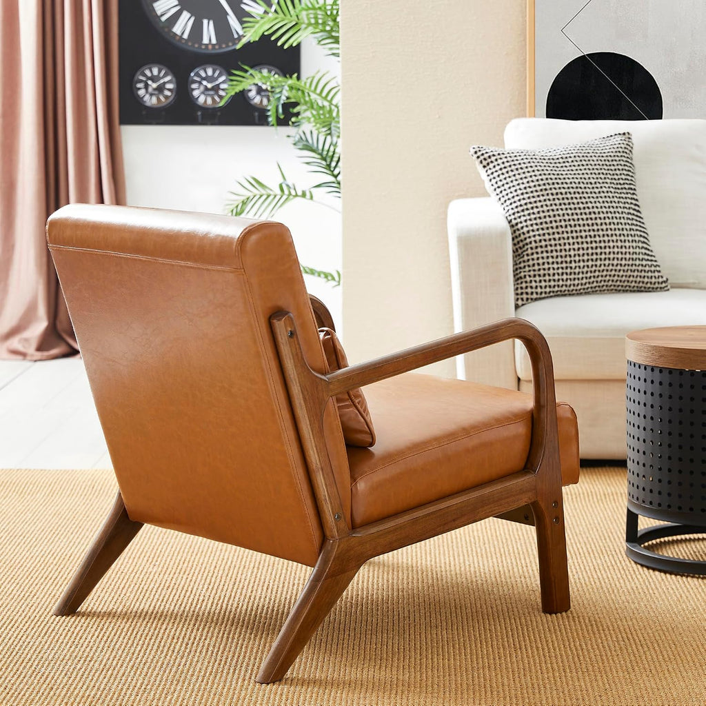 Set Mid Century Yellowish Brown Accent Armchair, Single Reading Armchair PU Leather Lounge Chair with Walnut - Set of 2