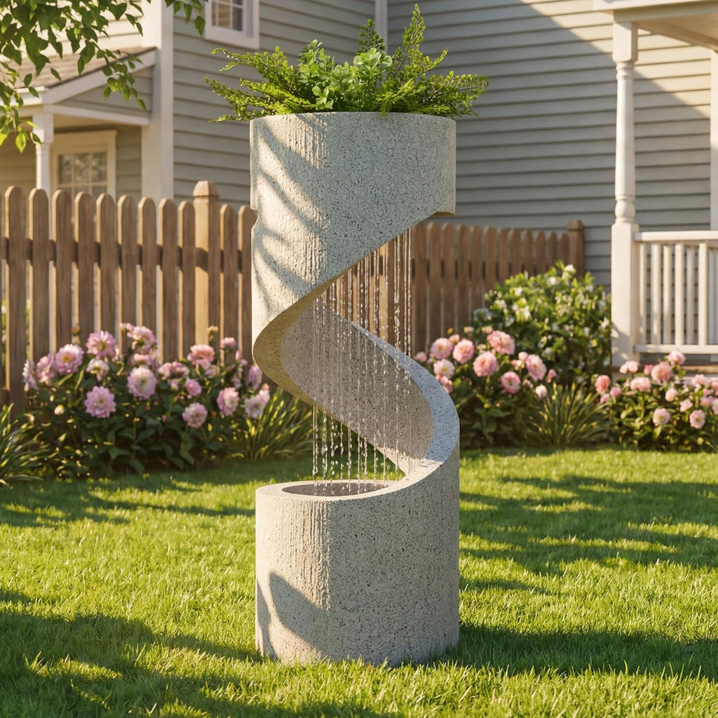 Outdoor Water Fountain with LED Light, Decorative Tiered Curved Waterfall Fountain with Stone Planter, Faux Terrazzo