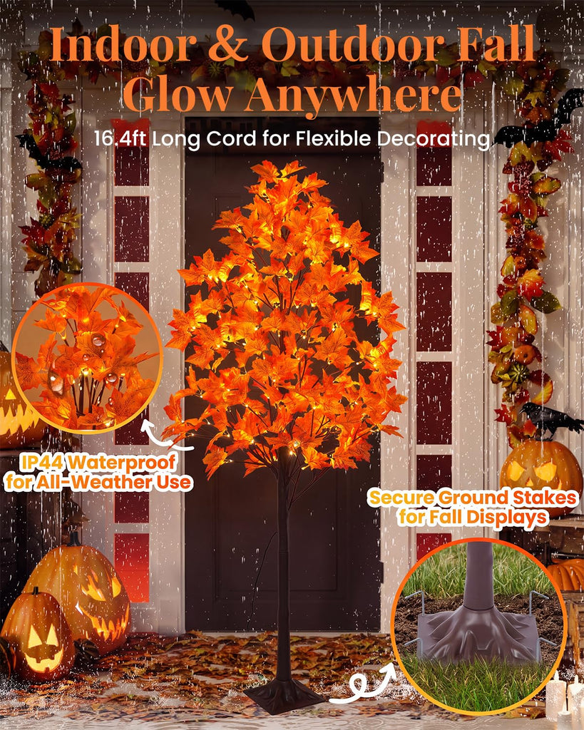 5FT Artificial Lighted Maple Tree with 96 LED & 192 Ultra-Dense Maple Leaves - Fall Decorations Maple Tree with Timer