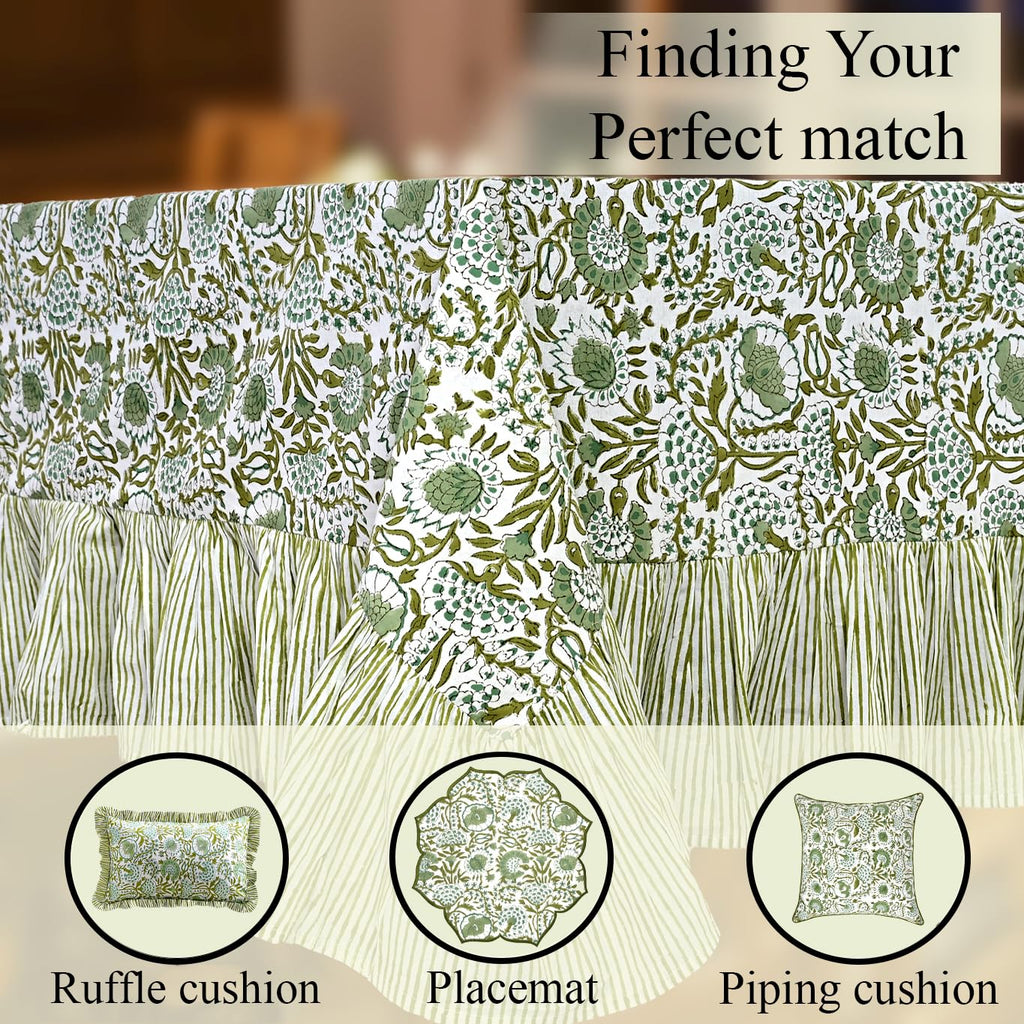 CPC Agate Green Hand Block Print Ruffle Square Tablecloth 60x60 Inch