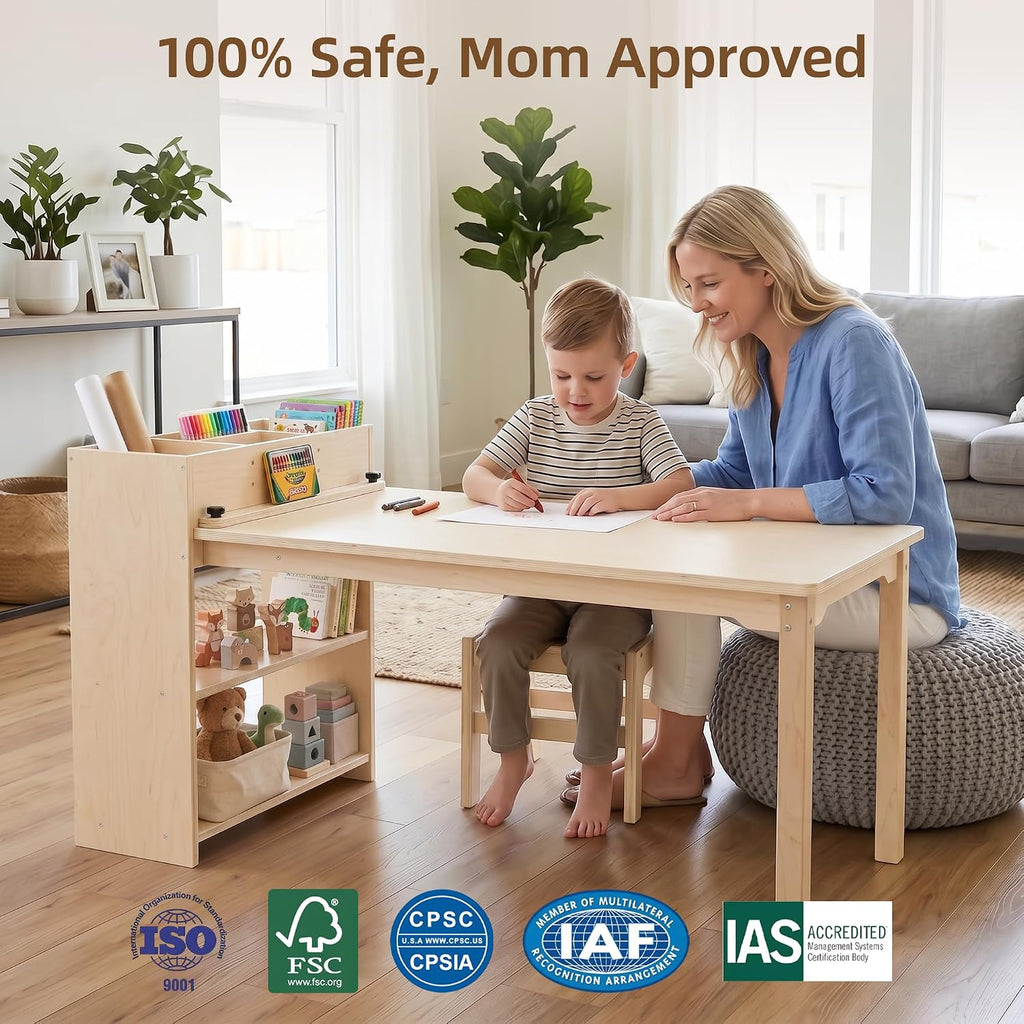 Kids Table and Chair Set, Wooden Toddler Activity Table with Storage Cabinet, Birch Art Desk for Drawing, Crafts