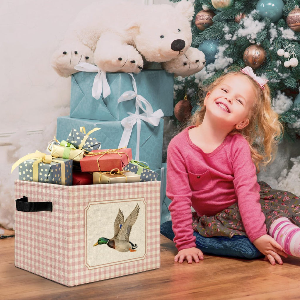 Pink Checkered Mallard Duck Storage Bins Box with Handles, Flying Mallard Duck Preppy Laundry Basket Hamper