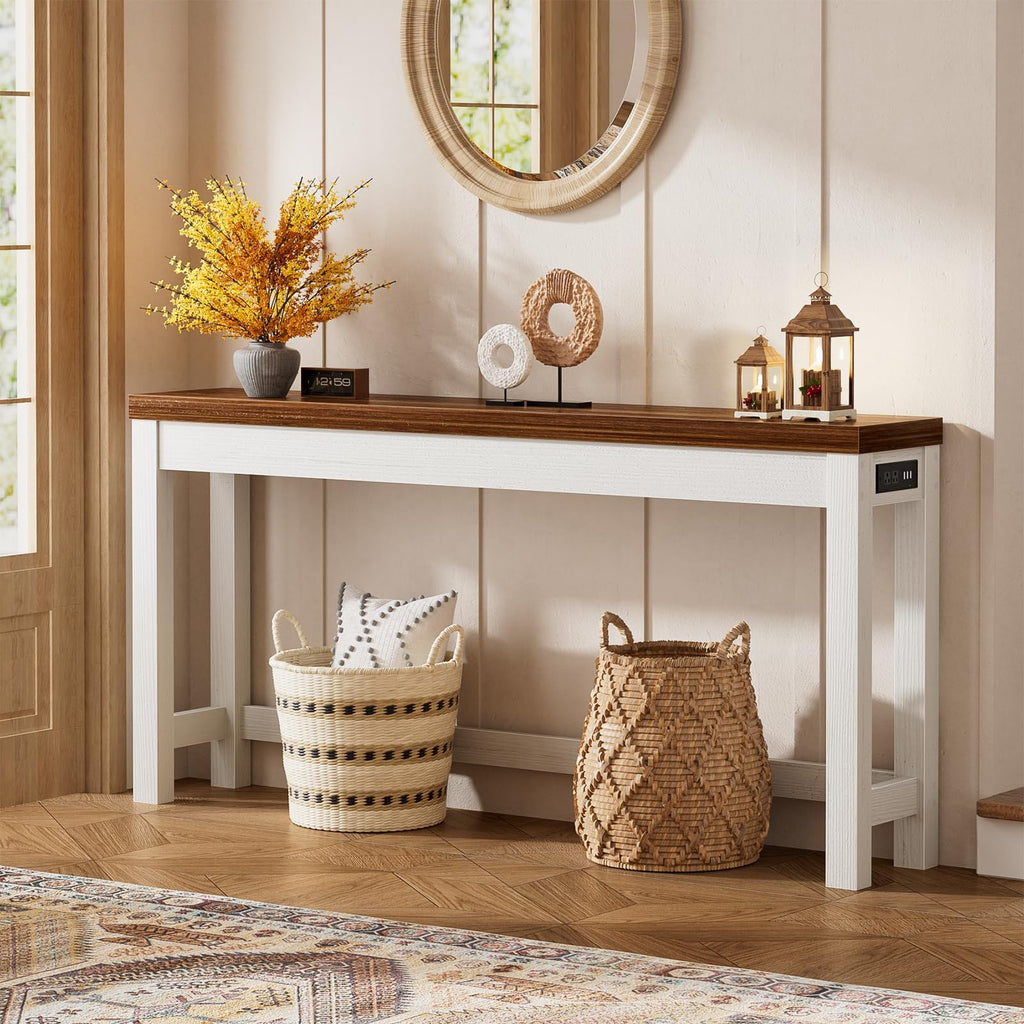 63" Console Table with 2 AC Outlets & 3 USB Ports, Rustic Oak