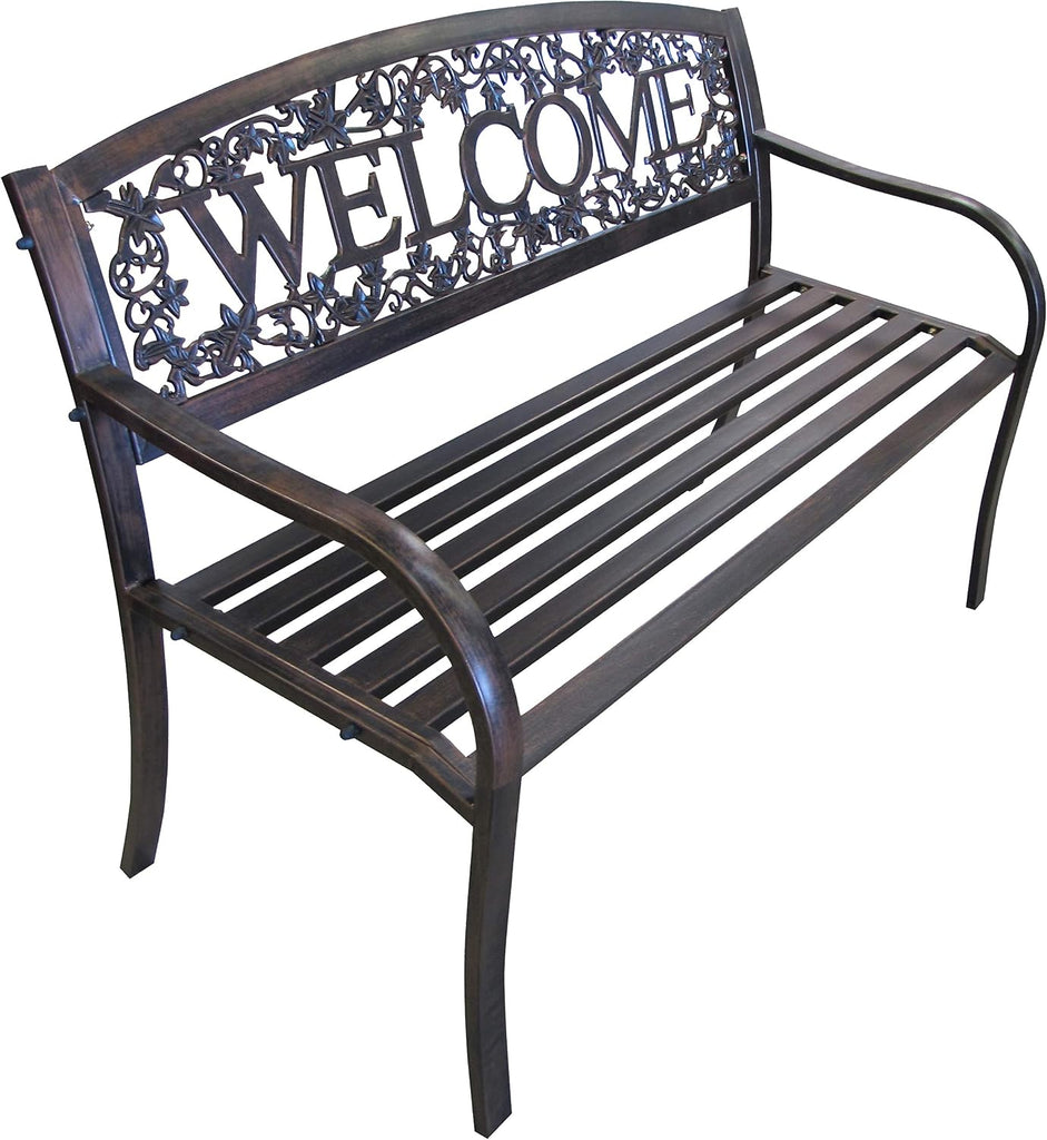 Metal Outdoor Bench, Welcome Design, Decorative Patio Seating for Porch/Deck