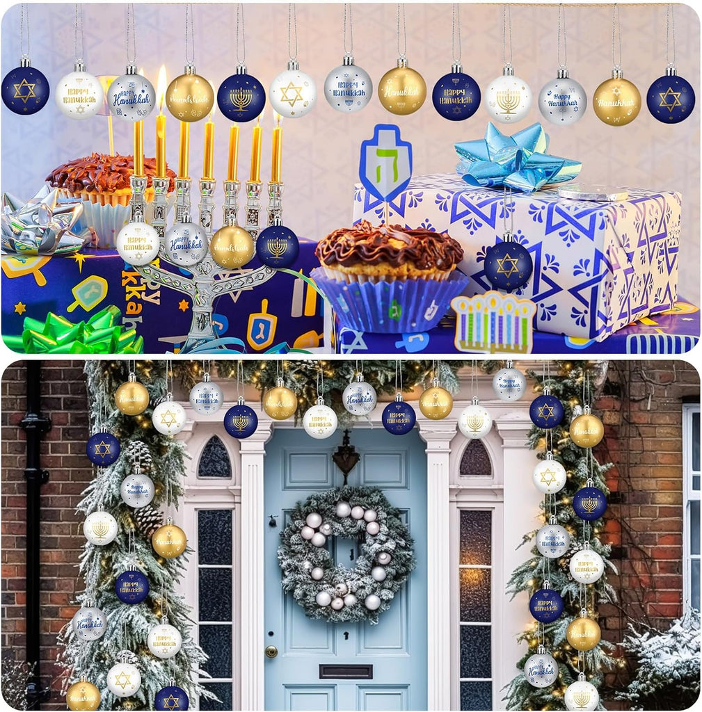 Hanukkah Ball Ornaments - Plastic White Blue Gold Jewish Chanukah Decorative Hanging Ornaments, Party Decor - Set of 12