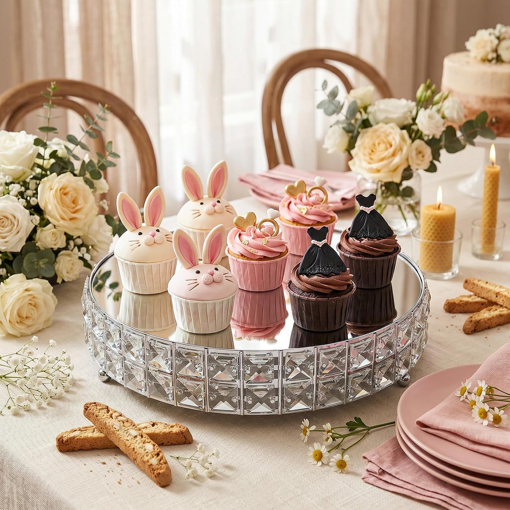 Silver Crystal Cake Stand Set with Mirror Top, 10" & 12" Round Metal Dessert Pedestal with Shining Crystal - Set of 2
