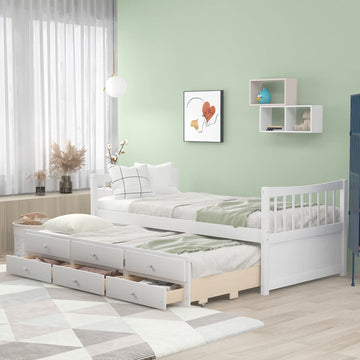 Twin Size Daybed with Trundle and Storage Drawers, No Box Spring Needed, White