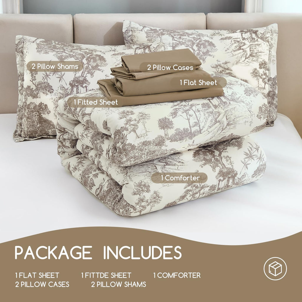 7 Piece Bed in a Bag-Floral Botanical Light Brown Comforter Set, Comforter Set with Sheets, Farmhouse