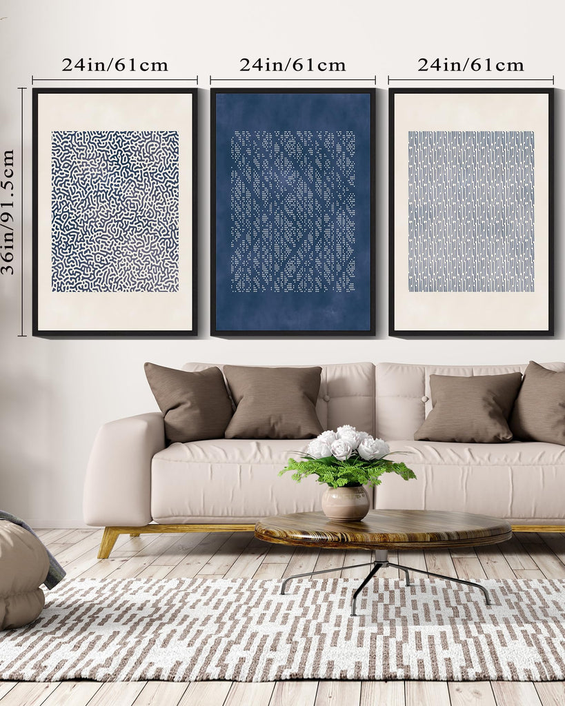 Blue Mid-Century Modern Framed Wall Art Large 24x36in Minimalist Abstract Boho Wall Decor Geometric Artwork Kitchen