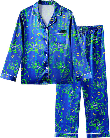 Boys Pajamas Silky Satin Big Boys PJs Set 2 Piece Sleepwear Button Down Kids Jammies Loungewear Clothes