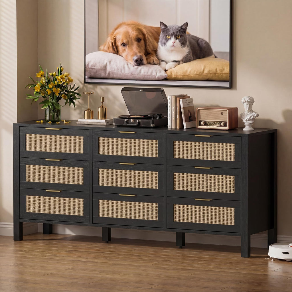 9 Drawer Dressers, Rattan Dresser with Drawers, Modern Wood Dresser with Metal Handles, Chest of Drawers (Black-9