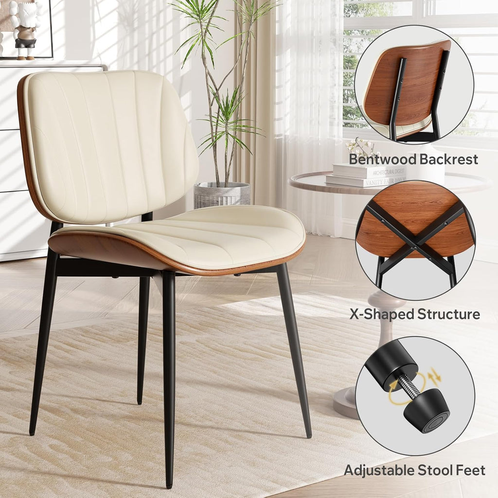 Dining Chairs Set of 2, Mid-Century Modern Upholstered Faux Leather Kitchen Chairs with Bentwood Back and Metal Legs for Dining Room, Beige